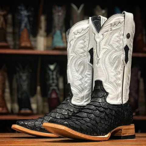 Black python top boots square toe