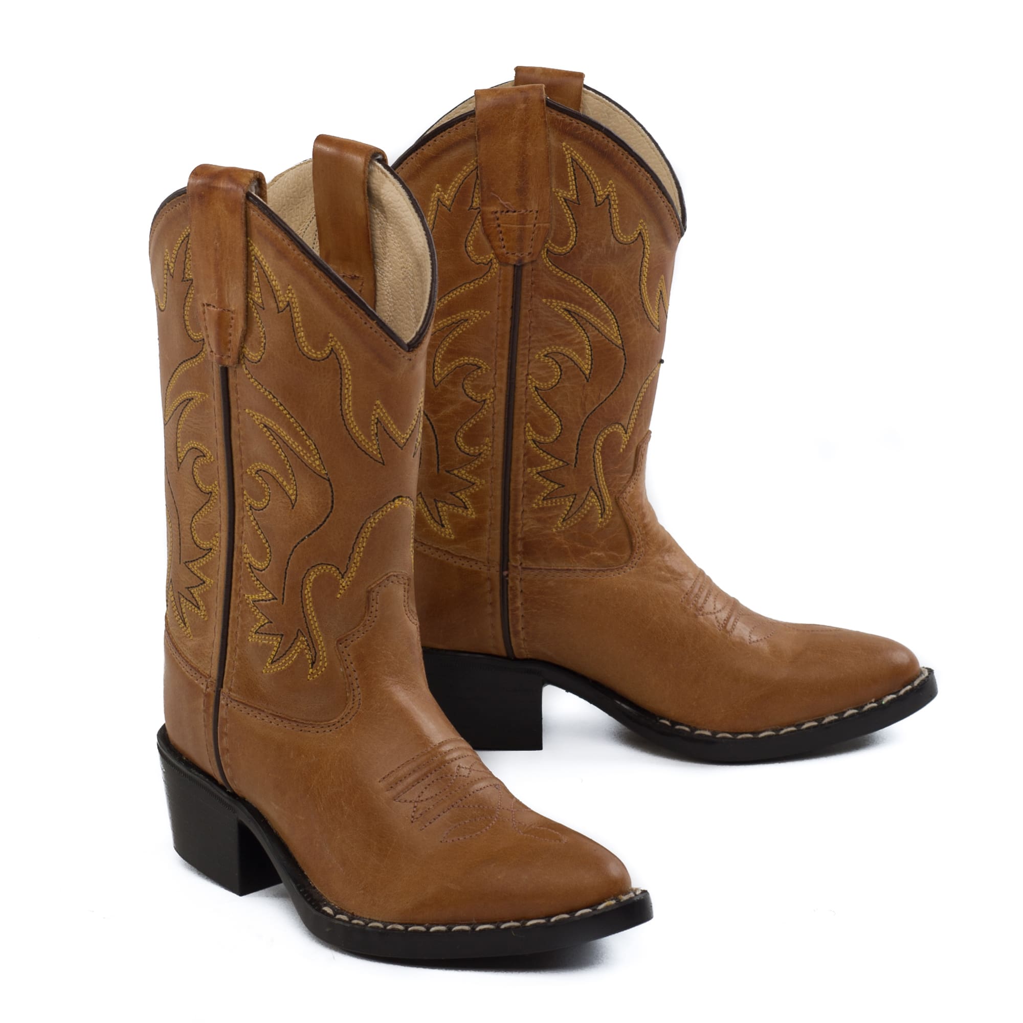 8129 Jama Old West Tan Distressed Stitched Kids Cowboy Boots J Toe